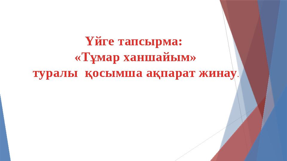 Үйге тапсырма: «Тұмар ханшайым» туралы қосымша ақпарат жинау .