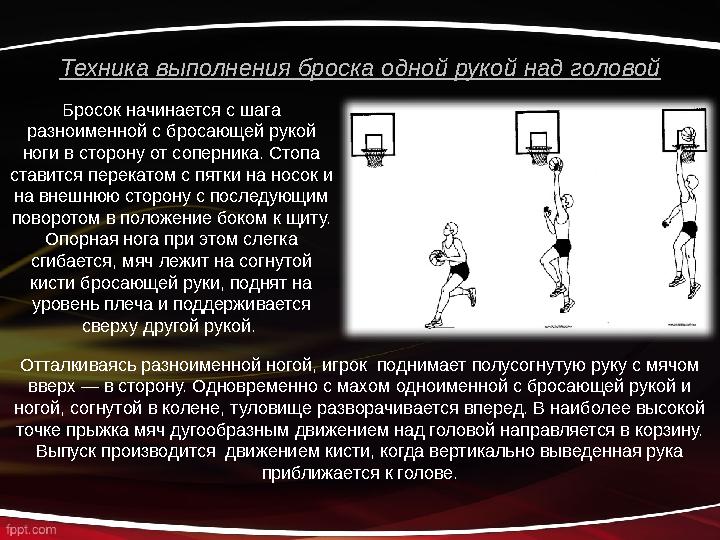 Техника выполнения броска одной рукой над головой Бросок начинается с шага разноименной с бросающей рукой ноги в сторону от со