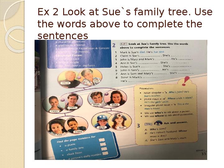 Ex 2 Look at Sue`s family tree. Use the words above to complete the sentences