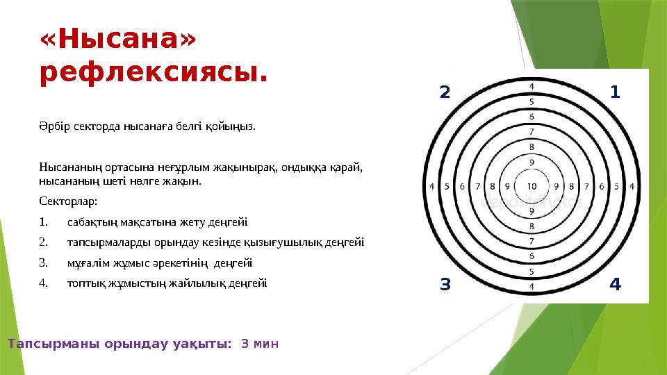 «Нысана» рефлексиясы. Әрбір секторда нысанаға белгі қойыңыз. Нысананың ортасына неғұрлым жақынырақ, ондыққа қарай, нысананың ш