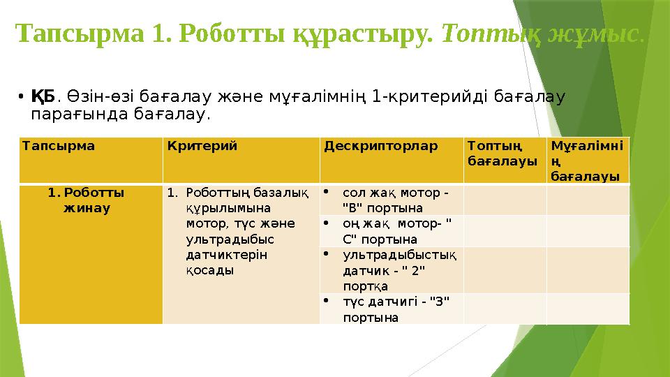 Тапсырма 1. Роботты құрастыру. Топтық жұмыс . • ҚБ . Өзін-өзі бағалау және мұғалімнің 1-критерийді бағалау парағында бағалау.