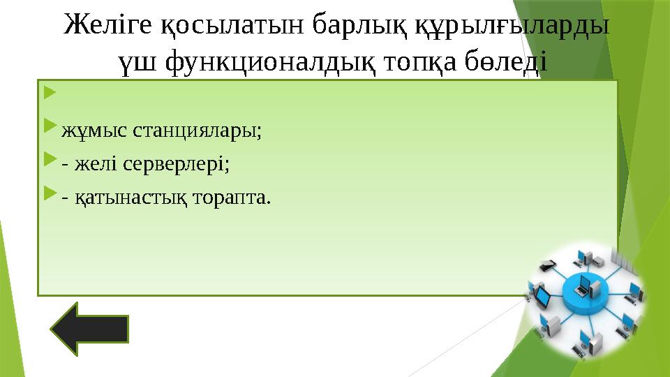 Желіге қосылатын барлық құрылғыларды үш функционалдық топқа бөледі   жұмыс станциялары;  - желі серверлері;  - қатынаст