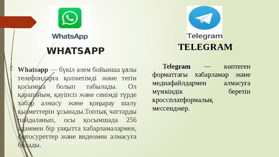 WHATSAPP  Whatsapp — бүкіл әлем бойынша ұялы телефондарға қолжетімді және тегін қосымша болып табылады. Ол қарапайым,