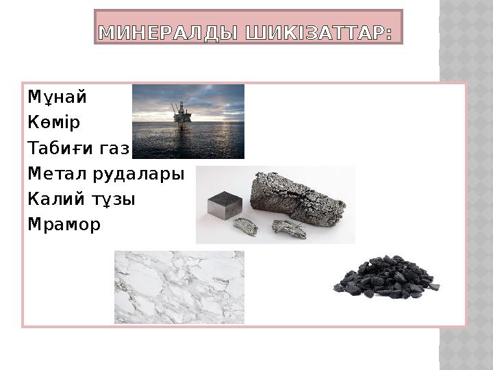 МИНЕРАЛДЫ ШИКІЗАТТАР: Мұнай Көмір Табиғи газ Метал рудалары Калий тұзы Мрамор