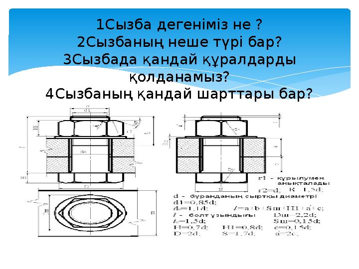 1Сызба дегеніміз не ? 2Сызбаның неше түрі бар? 3Сызбада қандай құралдарды қолданамыз? 4Сызбаның қандай шарттары бар?