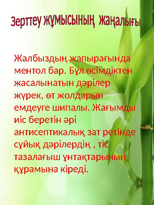 Жалбыздың жапырағында ментол бар. Бұл өсімдіктен жасалынатын дәрілер жүрек, өт жолдарын емдеуге шипалы. Жағымды иіс береті