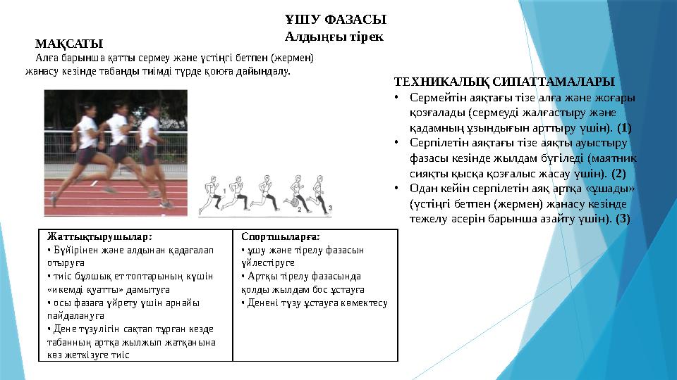 ҰШУ ФАЗАСЫ Алдыңғы тірек МАҚСАТЫ Алға барынша қатты сермеу және үстіңгі бетпен (жермен) жанасу кезінде табанды тиімді түрде қою