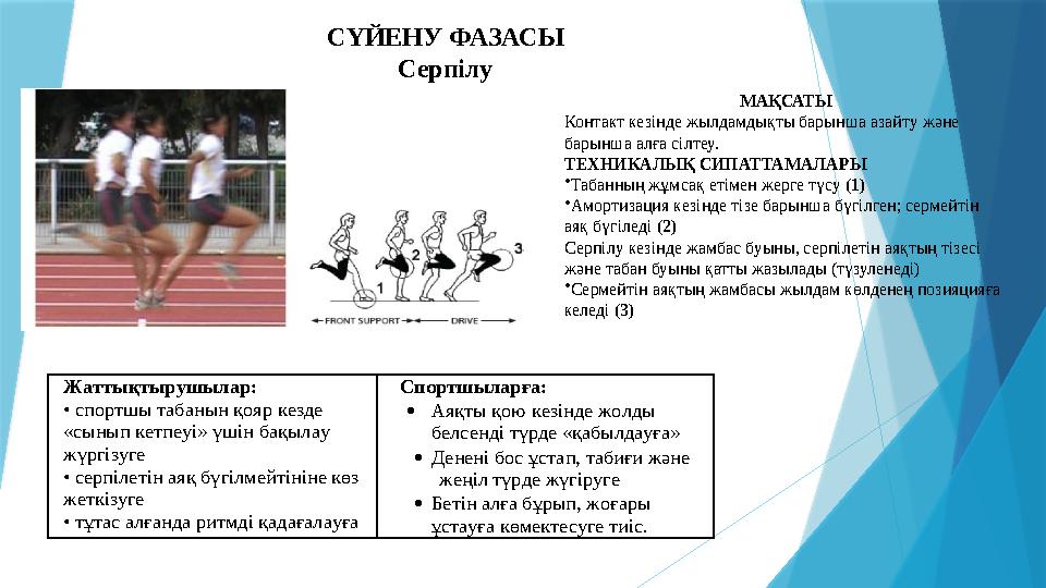 СҮЙЕНУ ФАЗАСЫ Серпілу МАҚСАТЫ Контакт кезінде жылдамдықты барынша азайту және барынша алға сілтеу. ТЕХНИКАЛЫҚ СИПАТТАМАЛАРЫ •