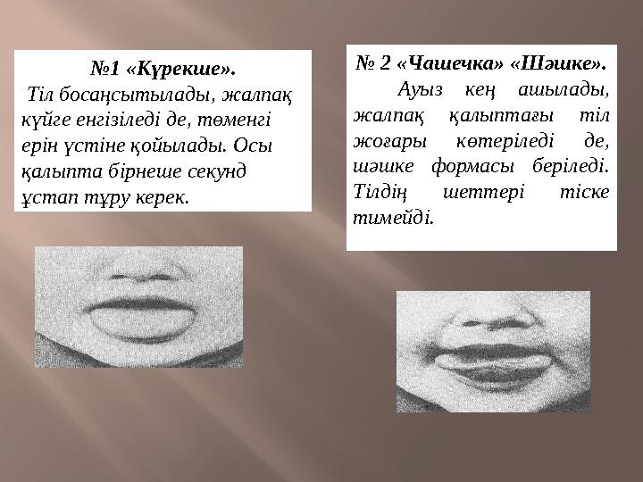 № 1 «Күрекше». Тіл босаңсытылады, жалпақ күйге енгізіледі де, төменгі ерін үстіне қойылады. Осы қалыпта бірнеше секунд ұст