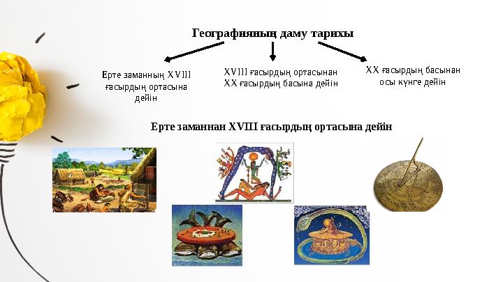 Географияның даму тарихы Ерте заманның XVIII ғасырдың ортасына дейін XVIII ғасырдың ортасынан XX ғасырдың басына дейін XX