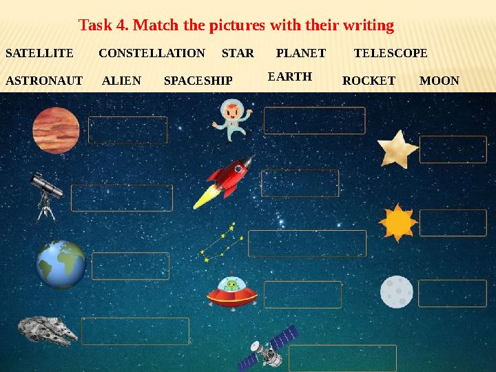 Task 4. Match the pictures with their writing ASTRONAUT CONSTELLATION EARTH MOONALIEN STAR PLANETSATELLITE TELESCOPE SPACESH