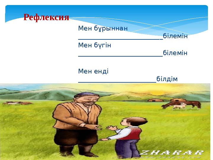 Рефлексия  Мен бұрыннан __________________________ білемін  Мен бүгін _ _________________________білемін  Мен енді ______