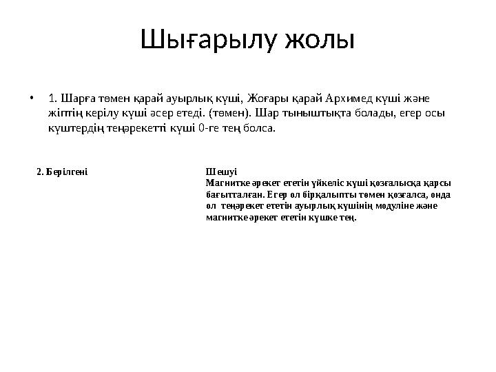 Шығарылу жолы • 1. Шарға төмен қарай ауырлық күші, Жоғары қарай Архимед күші және жіптің керілу күші әсер етеді. (төмен). Шар