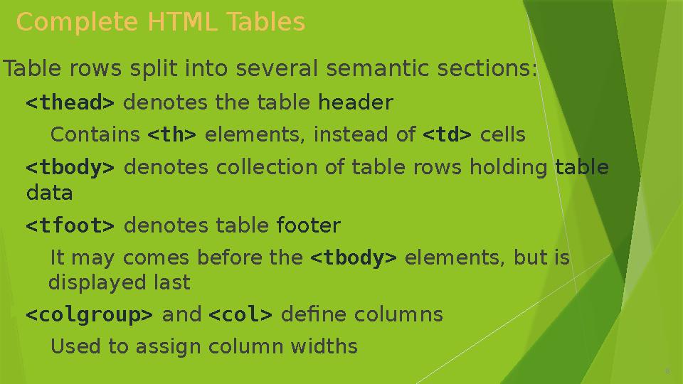 8  Table rows split into several semantic sections:  <thead> denotes the table header  Contains <th> elements, instead o