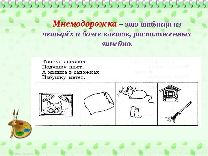 Мнемодорожка – это таблица из четырёх и более клеток, расположенных линейно.