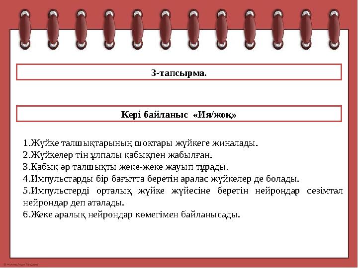 3-тапсырма . Кері байланыс « Ия/жоқ » 1.Жүйке талшықтарының шоктары жүйкеге жиналады. 2.Жүйкелер тін ұлпалы қабықпен жабылған.
