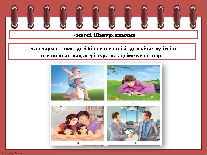 4-деңгей. Шығармашылық 1-тапсырма. Төмендегі бір сурет негізінде жүйке жүйесіне психологиялық әсері туралы әңгіме құрастыр.