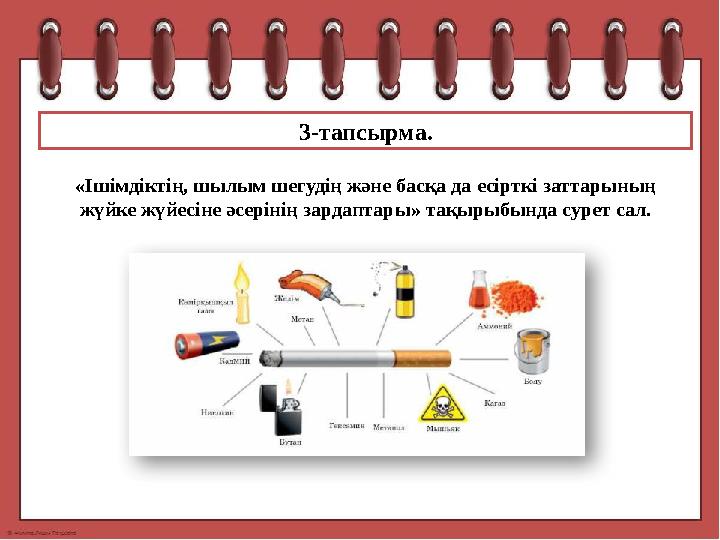 3-тапсырма. « Ішімдіктің, шылым шегудің және басқа да есірткі заттарының жүйке жүйесіне әсерінің зардаптары » тақырыбында сурет