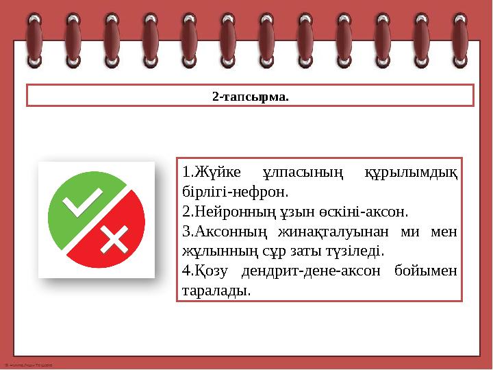 2-тапсырма. 1.Жүйке ұлпасының құрылымдық бірлігі-нефрон. 2.Нейронның ұзын өскіні-аксон. 3.Аксонның жинақталуынан ми мен ж