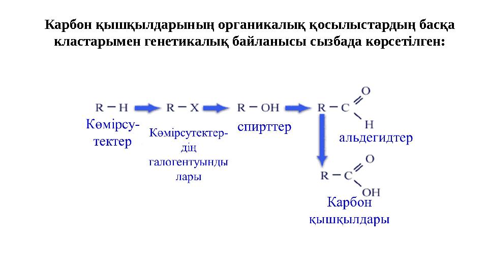 Карбон қышқылдарының органикалық қосылыстардың басқа кластарымен генетикалық байланысы сызбада көрсетілген: