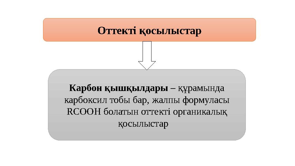 Оттекті қосылыстар Карбон қышқылдары – құрамында карбоксил тобы бар, жалпы формуласы RCOOH болатын оттекті органикалық қосы