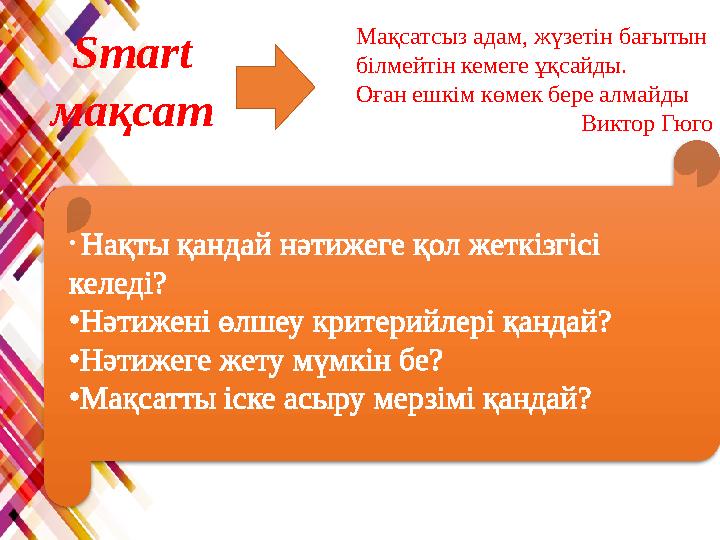 Smart мақсат Мақсатсыз адам, жүзетін бағытын білмейтін кемеге ұқсайды. Оған ешкім көмек бере алмайды Виктор Гюго • Нақты қа