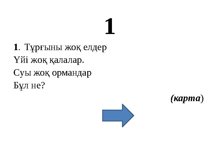 1 1 . Тұрғыны жоқ елдер Үйі жоқ қалалар. Суы жоқ ормандар Бұл не? (карта )