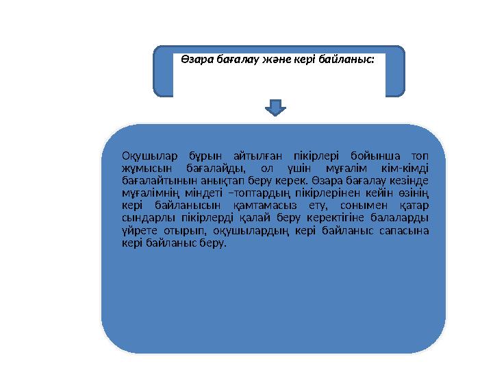 Өзара бағалау және кері байланыс: Оқушылар бұрын айтылған пікірлері бойынша топ жұмысын бағалайды, ол үшін мұғалім к