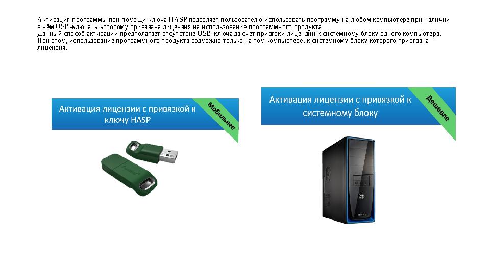 Активация программы при помощи ключа HASP позволяет пользователю использовать программу на любом компьютере при наличии в нём U