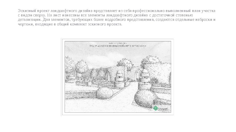 Эскизный проект ландшафтного дизайна представляет из себя профессионально выполненный план участка с видом сверху. На лист нане