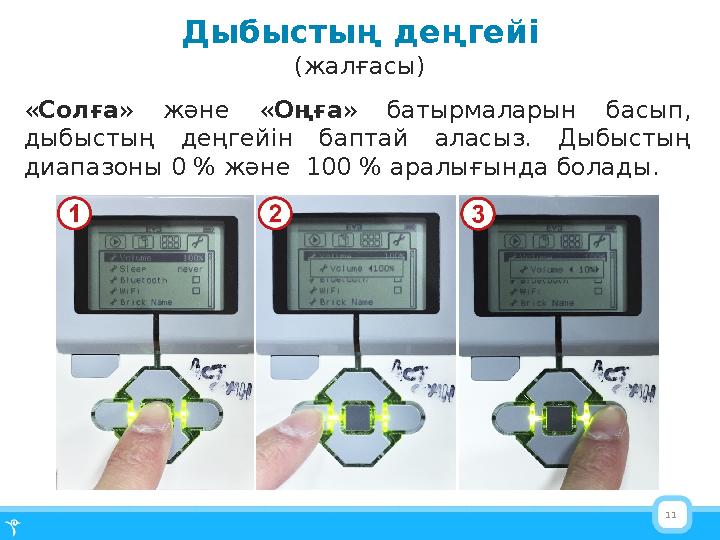 11Дыбыстың деңгейі (жалғасы) « Солға » және « Оңға » батырмаларын басып, дыбыстың деңгейін баптай аласыз. Дыбыстың диа