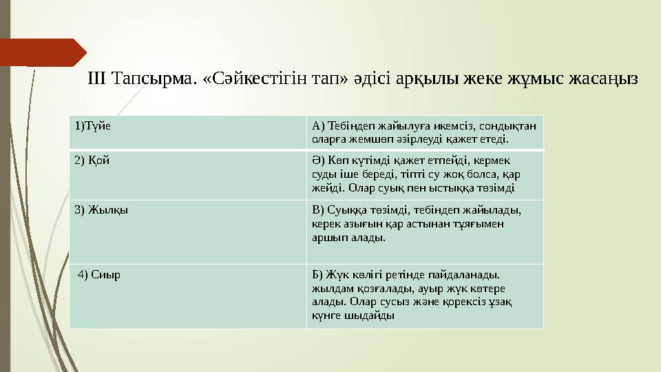 ІІІ Тапсырма. «Сәйкестігін тап» әдісі арқылы жеке жұмыс жасаңыз 1)Түйе А) Тебіндеп жайылуға икемсіз, сондықтан оларға жемшөп