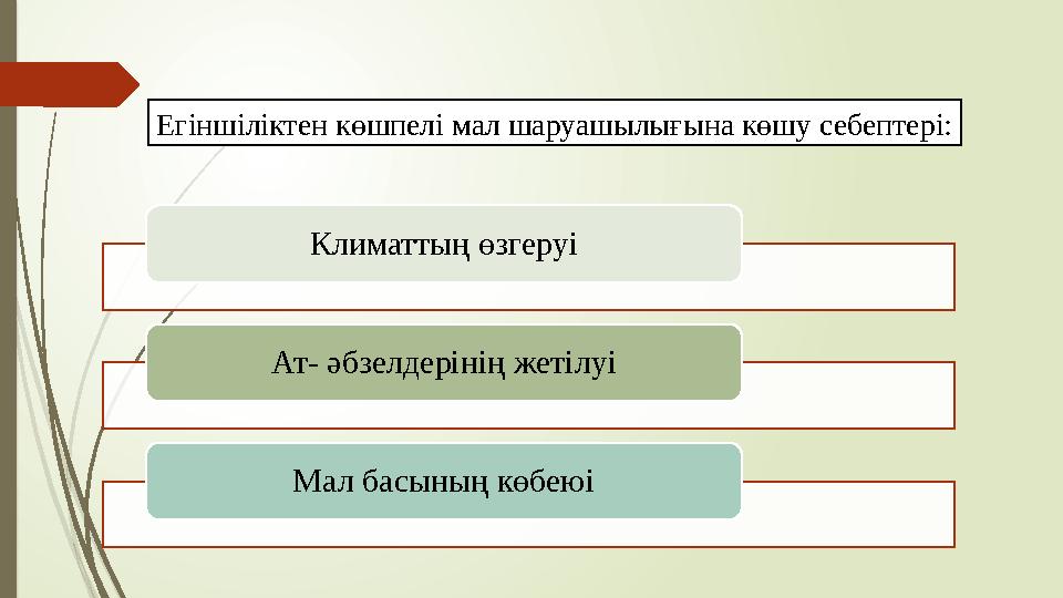 Егіншіліктен көшпелі мал шаруашылығына көшу себептері: Климаттың өзгеруі Ат- әбзелдерінің жетілуі Мал басының көбеюі