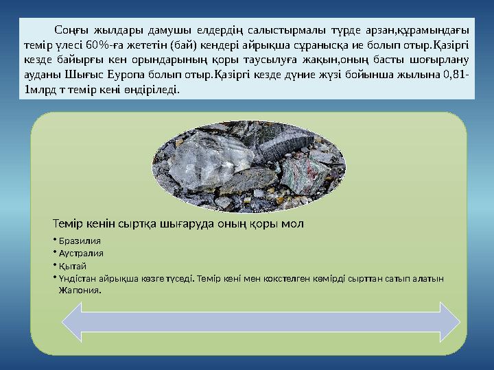 Соңғы жылдары дамушы елдердің салыстырмалы түрде арзан,құрамындағы темір үлесі 60 %- ға жететін ( бай ) кен