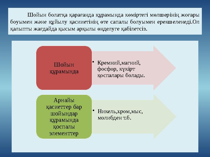 Шойын болатқа қарағанда құрамында көміртегі мөлшерінің жоғары боуымен және құйылу қасииетінің өте