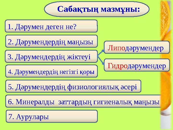 Сабақтың мазмұны: 1. Дәрумен деген не? 2. Дәрумендердің маңызы 3. Дәрумендердің жіктеуі 4. Дәрумендердің негізгі қоры 5. Дәру