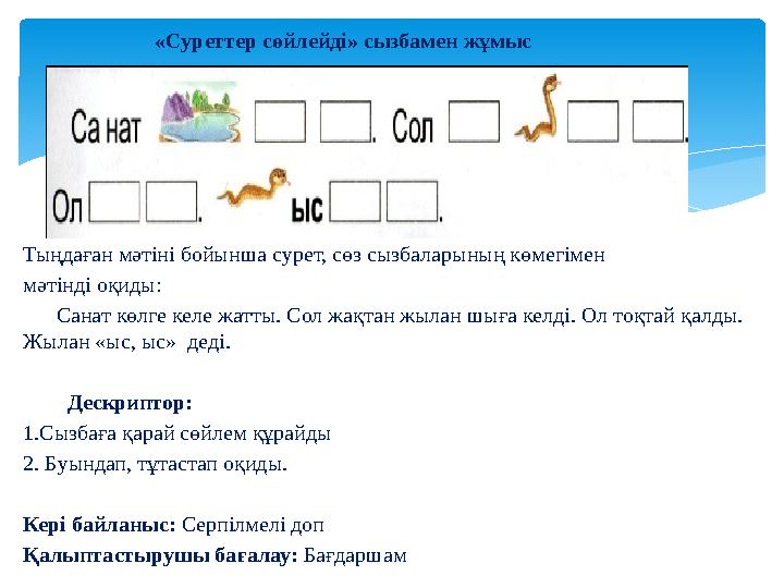 «Суреттер сөйлейді» сызбамен жұмыс Тыңдаған мәтіні бойынша сурет, сөз сызбаларының көмегімен м