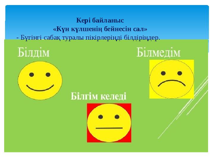 Кері байланыс «Күн күлшенің бейнесін сал» - Бүгінгі сабақ туралы пікірлеріңді білдіріңдер.