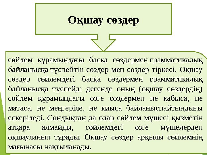 Оқшау сөздер сөйлем құрамындағы басқа сөздермен грамматикалық байланысқа түспейтін сөздер мен сөздер тіркесі. Оқшау сө Оқшау сөздер сөйлем құрамындағы басқа сөздермен грамматикалық байланысқа түспейтін сөздер мен сөздер тіркесі. Оқшау сө