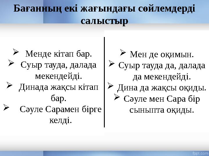 Бағанның екі жағындағы сөйлемдерді салыстыр  Менде кітап бар.  Суыр тауда, далада мекендейді.  Динада жақсы кітап бар.  С
