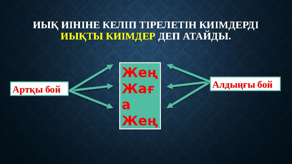 ИЫҚ ИІНІНЕ КЕЛІП ТІРЕЛЕТІН КИІМДЕРДІ ИЫҚТЫ КИІМДЕР ДЕП АТАЙДЫ. Артқы бой Алдыңғы бойЖең Жағ а Жең