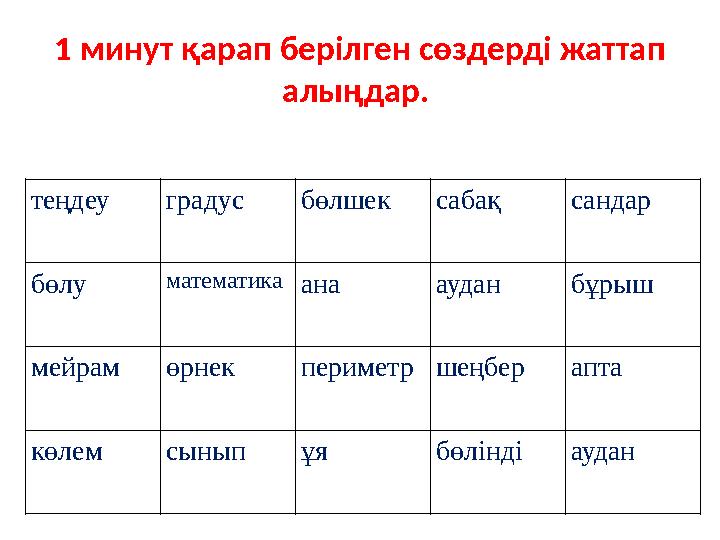 1 минут қарап берілген сөздерді жаттап алыңдар. теңдеу градус бөлшек сабақ сандар бөлу математика ана аудан бұрыш мейрам өрнек