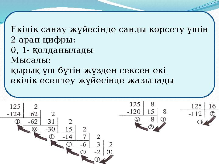 Екілік санау жүйесінде санды көрсету үшін 2 арап цифры: 0, 1- қолданылады Мысалы: қырық үш бүтін жүзден сексен екі екілік есе