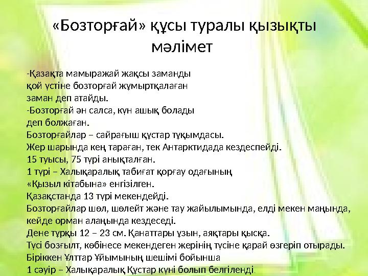 «Бозторғай» құсы туралы қызықты мәлімет -Қазақта мамыражай жақсы заманды қой үстіне бозторғай жұмыртқалаған заман деп ата