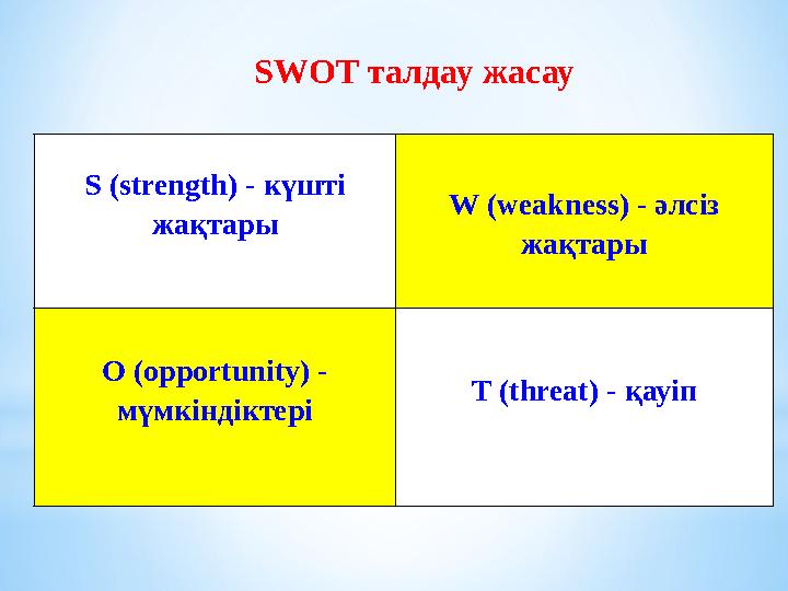 SWOT талдау жасау S (strength) - күшті жақтары W (weakness) - әлсіз жақтары O (opportunity) - мүмкіндіктері T (threat)