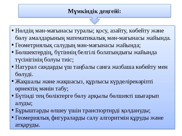 • Нөлдің мән-мағынасы туралы; қосу, азайту, көбейту және бөлу амалдарының математикалық мән-мағынасы жайында. • Геометриялық са