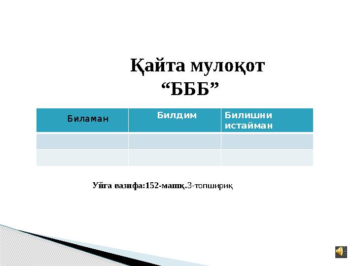 Қайта мулоқот “ БББ” Уйга вазифа:152-машқ. 3-топшириқ Билдим Билишни истайманБиламан