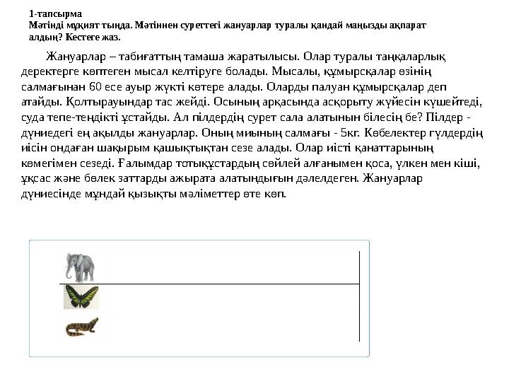 1-тапсырма Мәтінді мұқият тыңда. Мәтіннен суреттегі жануарлар туралы қандай маңызды ақпарат алдың? Кестеге жаз. Жануарлар – таб