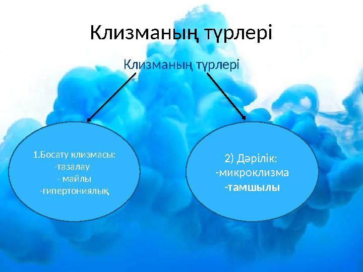 Клизманың түрлеріКлизманың түрлері 1.Босату клизмасы: -тазалау - майлы -гипертониялық 2) Дәрілік: -микроклизма -тамшылы