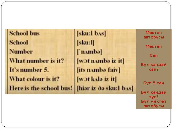 Мектеп автобусы Мектеп Сан Бұл қандай сан? Бұл 5 сан Б ұл қандай түс? Бұл мектеп автобусы